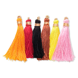 Tassel, silk (imitation) and gold-finished copper, black, 1-3/4 to 2 ...